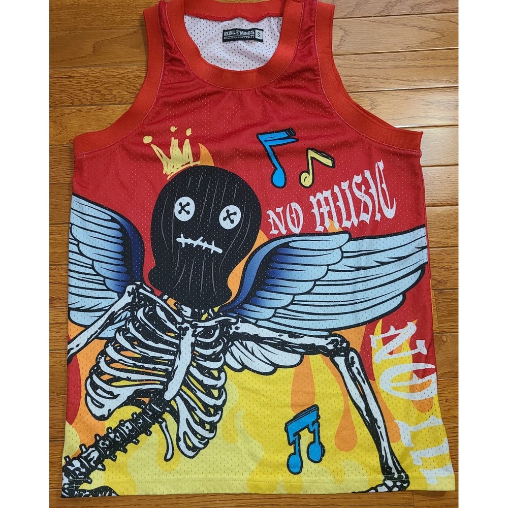 Rebel Minds Mens S Jersey Red With Flames Masked Skeleton "No Music"